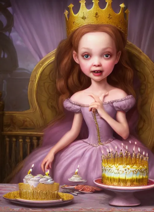 Image similar to highly detailed closeup portrait of a grinning fairytale medieval princess eating birthday cake, unreal engine, nicoletta ceccoli, mark ryden, lostfish, earl norem, global illumination, god rays, detailed and intricate environment