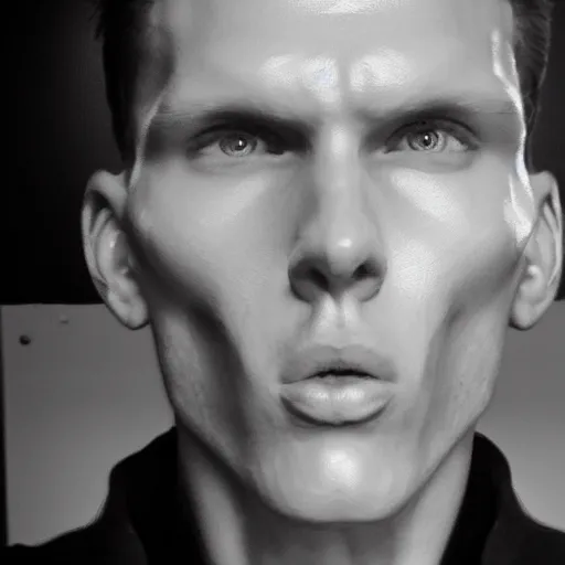 Prompt: jerma staring threateningly at the camera, hyper realistic, photography, centered, cctv footage, black and white, distortion