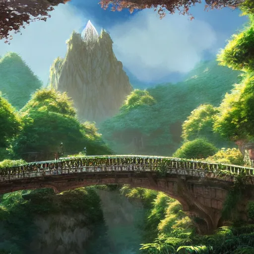 Prompt: an environmental concept art of rivendell by studio ghibli, environmental lighting, cinematic