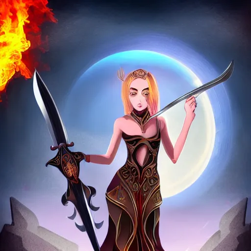 Image similar to a beautiful girl with a beautiful perfect symmetrical body, perfect symmetrical face, coherent symmetrical eyes in a torn dress holding a sword against the background of a burning city, fantasy style