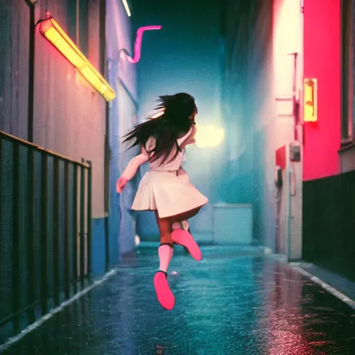 Image similar to 1990s perfect 8K HD professional cinematic photo of close-up japanese schoolgirl jumping in dystopian alleyway with neon signs, at evening during rain, at instagram, Behance, Adobe Lightroom, with instagram filters, depth of field, taken with polaroid kodak portra