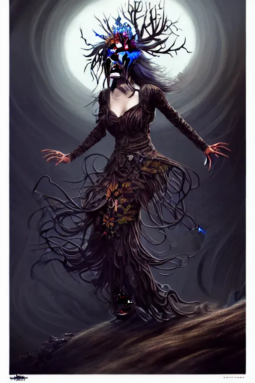 Prompt: full body shot, malevolent witch facing front laughing maniacally, smoke hair, crow helmet, floral dress, dead forest on fire, fantasy, intricate, photorealistic, elegant, stylish, highly detailed, digital painting, artstation, concept art, smooth, sharp focus, illustration, art by artgerm and greg rutkowski and terese nielsen