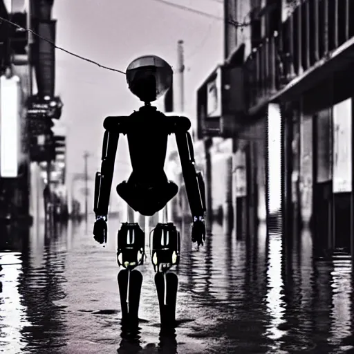 Image similar to a humanoid robot wearing a torn transparent plastic cloak walking the flooded streets of an abandoned futuristic city with neon signs,