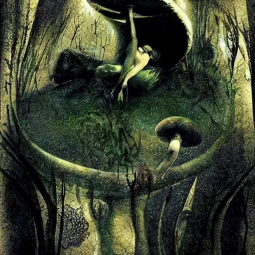 Image similar to psychedelic mushrooms dream, by dave mckean