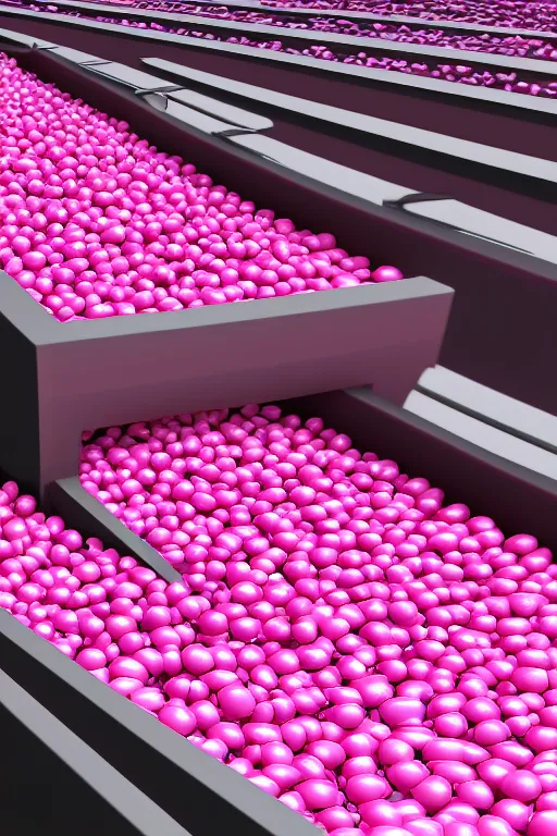 Image similar to Factory Conveyor Belt of Pink Vials, photorealistic, ultra detailed, 4k