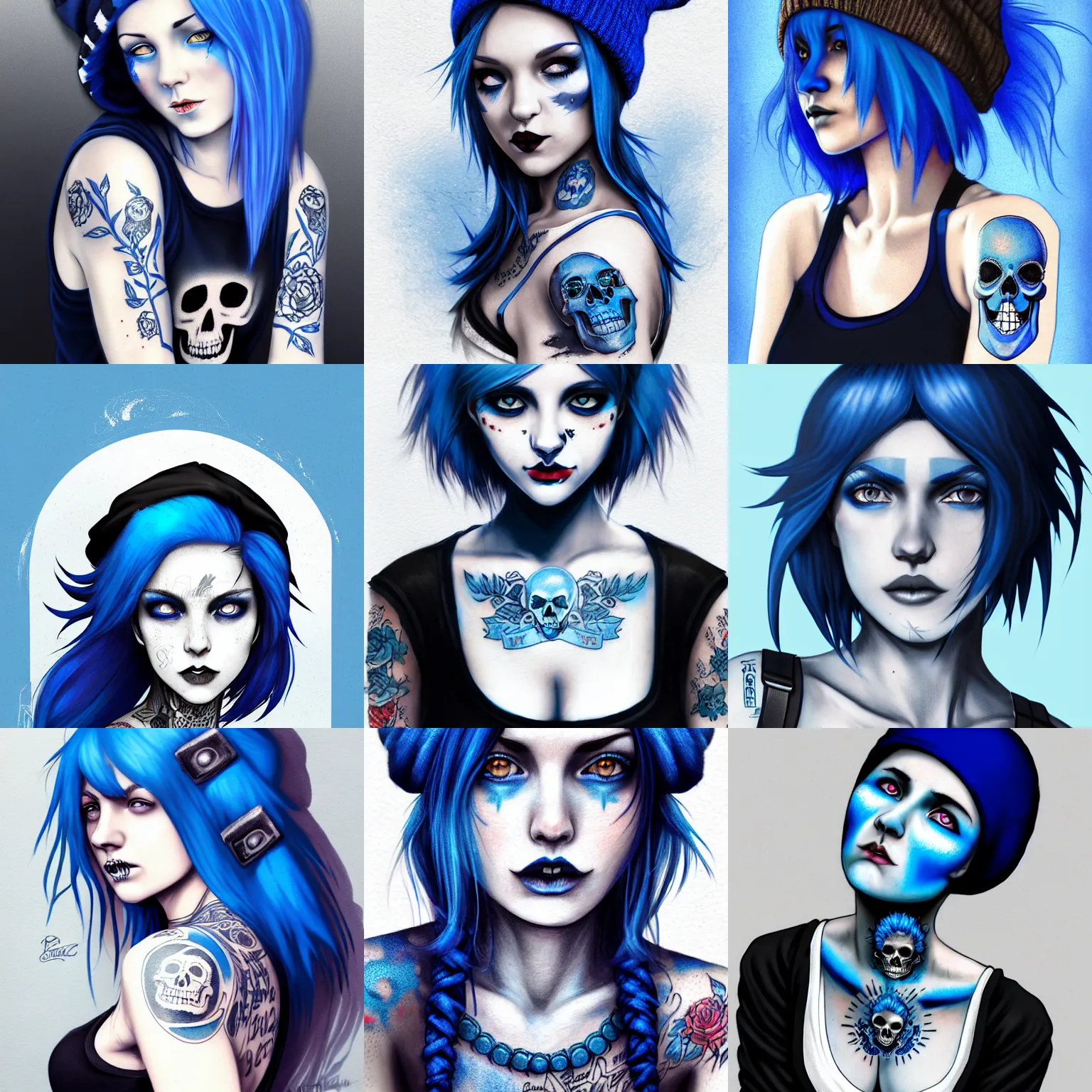 Prompt: beautiful blue haired girl , short hair , tattoo sleeve on her right arm! , perfect face , dark blue beanie , clean white symmetrical face , punk-rocker , white tank top with a skull print , 4k , digital art , illustration , photorealistic , style of Jordan Grimmer and greg rutkowski