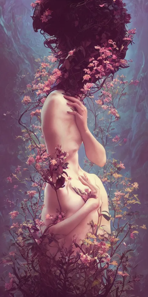 Image similar to surreal beautiful young woman, sitting with flowers, detailed gorgeous face turning into a tree, leaves, dark, ominous, sad eyes, vaporwave aesthetic, synthwave , digital painting, artstation, concept art, smooth, sharp focus, illustration, art by artgerm and greg rutkowski and alphonse mucha