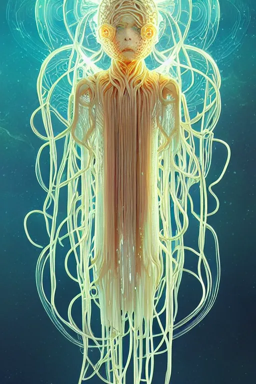 Prompt: beautiful spaghetti jellyfish warrior, ethereal art deco, fantasy, intricate art deco pasta designs, elegant, highly detailed fractals, sharp focus, art by artgerm and beeple and greg rutkowski and wlop