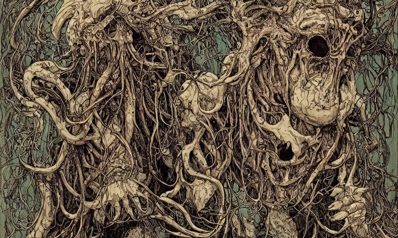 Image similar to hyperdetailed art nouveau portrait of treebeard as a cthulhu eyeball moose skull wendigo cryptid monster, by geof darrow, simon bisley and bill sienkiewicz, grim yet sparkling atmosphere, photorealism, claws, skeleton, antlers, fangs, forest, wild, crazy, horror, lynn varley, lovern kindzierski, steve oliff