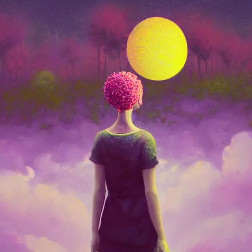 Image similar to girl with a gargantuan flower as a face, surreal photography, dream, standing in flower field, hills, big trees, sunrise dramatic light, impressionist painting, colorful clouds, digital painting, pointillism, artstation, simon stalenhag, flower face