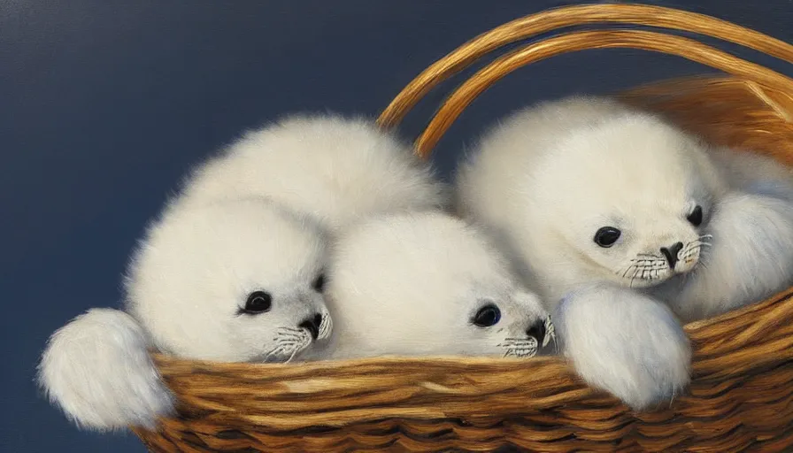 Prompt: highly detailed painting of cute furry white baby seals cuddled up in a basket by william turner, thick brush strokes and visible paint layers, 4 k resolution, blue and white colour scheme