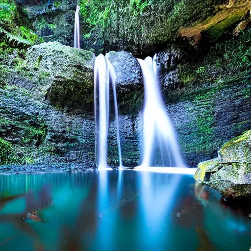 Prompt: waterfall cascading into a vast underground lake surrounded by colourful crystals, incredible detail, 8 k, flash photography at night, cave exploration, nature documentry footage, natural wonder