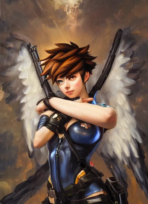 Image similar to oil painting of tracer overwatch in the style of sophie anderson, on knees, angel wings, black outfit, dramatic painting, wearing steel collar,