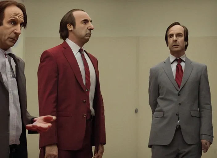 Prompt: saul goodman defending elmo in court, still from better call saul, shot by wes anderson, symmetrical shot, beautiful shot