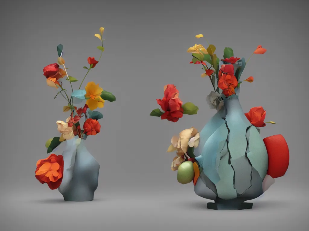 Image similar to a vase, thermoplastic - elastomer figurines, retro - vintage, neo soul, mixed media with claymorphism, matte color palette, designed by artstationhq, retro, 3 - dimensional, gouache 3 d shading, tilt shift, low fi,