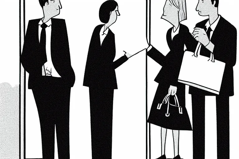 Prompt: tall, security guard checks the bags of a worried looking couple, man and woman, art in the style of the new yorker