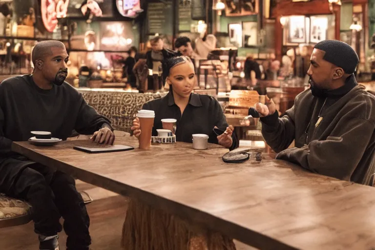 Image similar to Kanye West and Queenz Flip (2018) are best friends, drinking coffee at central perk, still photo, hyperrealistic, 35mm, 8k, by weta digital