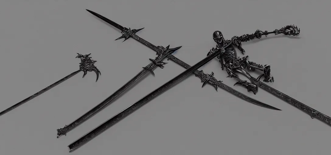 Image similar to long sword, black skeleton sword, steel, sword, crystals, engravings, forged, blacksmith product design, jewelry, art by gerald brom, greg rutkowski and artgerm and james jean and zdzisław beksinski, 8 k, unreal engine, c 4 d