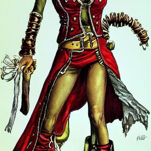 Image similar to full body concept art of a female pirate by Patrick Woodroffe