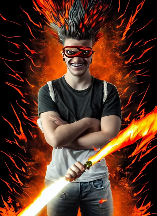 Image similar to An epic fantasy comic book style portrait painting of young man with red spiked long hair, using an orange lens googles. Wearing white shirt, a black waistcoat, brown pants and black boots. He is throwing a wild fire blast from his hands, with a vicious smile in face. Unreal 5, DAZ, hyperrealistic, octane render, cosplay, RPG portrait, dynamic lighting