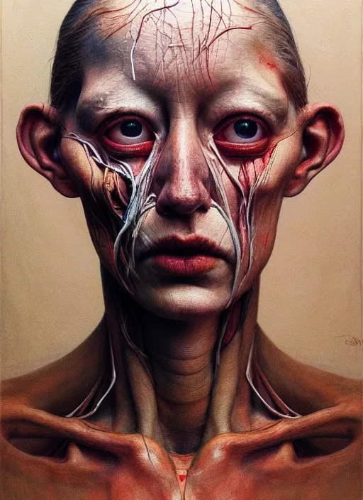 Image similar to there is ugliness in beauty, but there is also beauty in ugliness detailed portrait painting inspired by beksinski and alex gray, accurate anatomy by jenny saville, edward hopper trending on artstation. 8 k