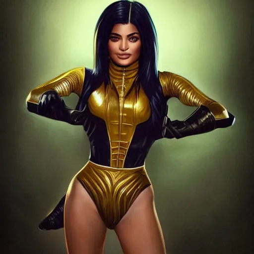 Image similar to full body portrait of kylie jenner as a mortal kombat x ninja character in a leotard, intricate, elegant, highly detailed, digital painting, artstation, concept art, smooth, sharp focus, illustration, art by artgerm and greg rutkowski and alphonse mucha