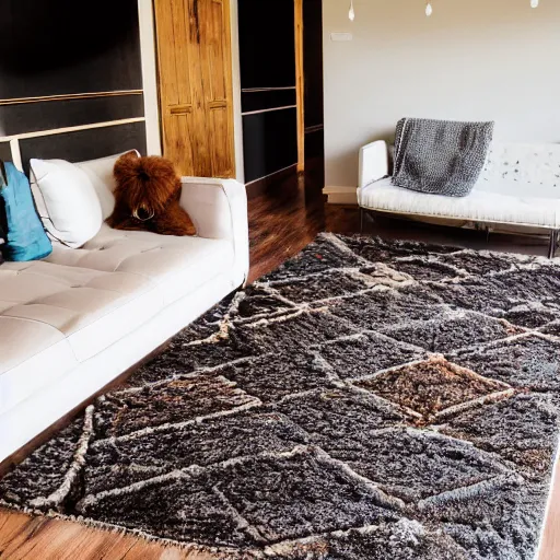 Prompt: a rug made out of a goldendoodle inside of a modern home, 8k, extremely detailed, interior design photography