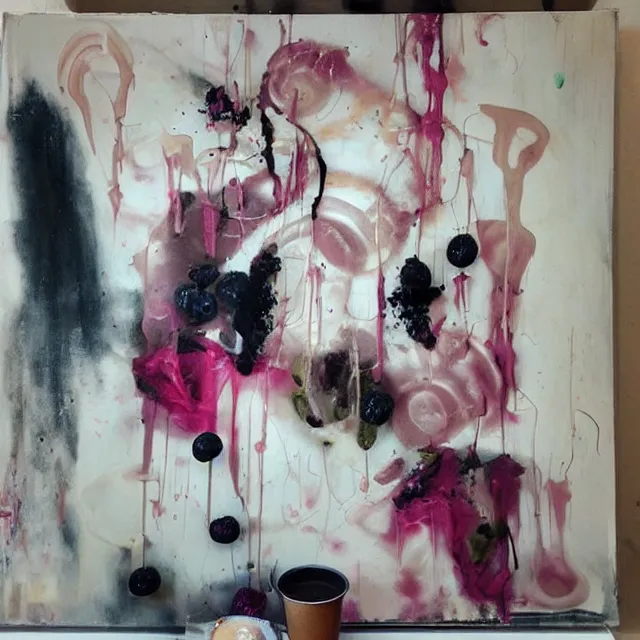 Image similar to “ sensual, neo - expressionism, surrealism, a portrait in a female art student ’ s apartment, pancakes, iced latte, berries, art supplies, a candle dripping white wax, berry juice drips, acrylic and spray paint and oilstick on canvas ”