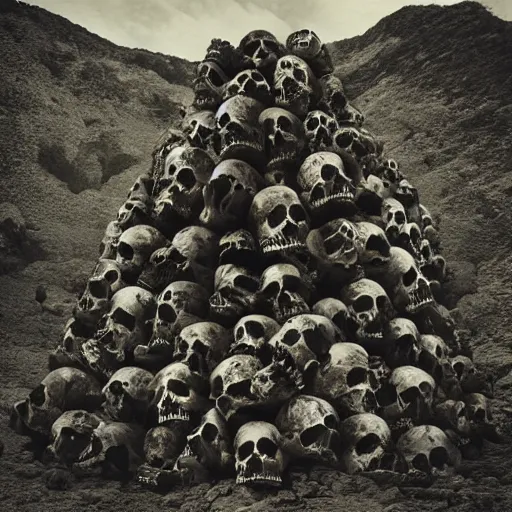 Prompt: vertical pile of skulls vomiting black tar, anka zhuravleva