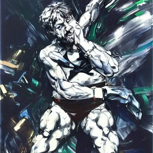 Image similar to slavoj zizek in a jojo pose, oil on canvas by yoji shinkawa