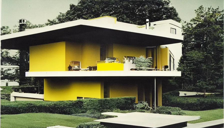 Prompt: architecture ad for inside a mid-century modern house designed by more van der rohe. Film grain, cinematic, colorized, yellow hue.