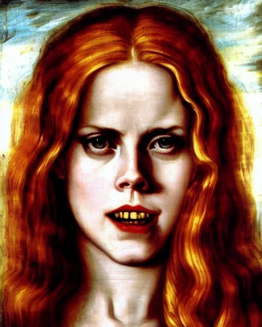 Prompt: style of tintoretto : : gorgeous vampire amy adams : : sharp teeth fangs, open mouth sneer : : symmetrical face, symmetrical eyes : : gorgeous red hair : : magic lighting, low spacial lighting : :