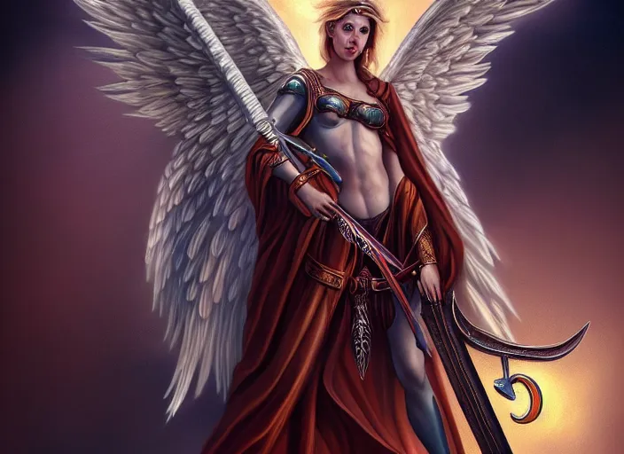 Image similar to a digital painting of an angel holding two swords, a digital rendering by jan tengnagel, fantasy art, deviantart uhd, deviantart, apocalypse art, ray tracing, highly detailed, high quality, 8 k resolution