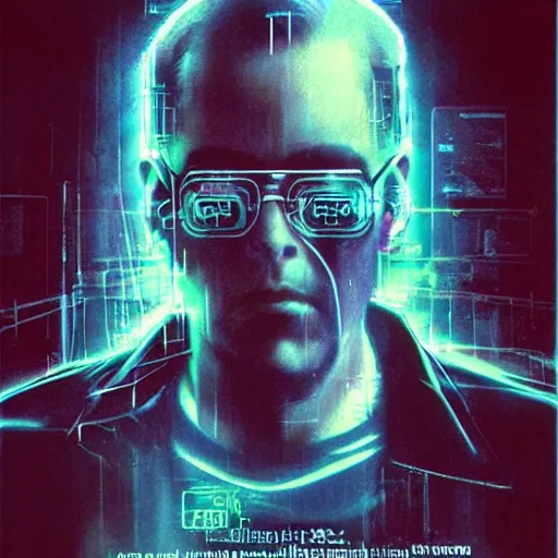 Image similar to Case from the novel Neuromancer, addicted, heavy smoker, portrait shot, wires, cyberpunk, movie illustration, poster art by Drew Struzan