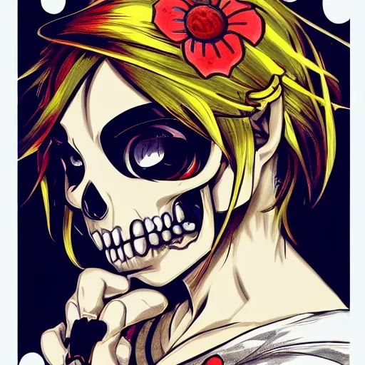 Image similar to anime manga skull portrait girl face disney simpsons detailed highres 4k Mucha and James Jean pop art nouveau