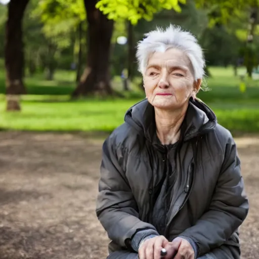 Image similar to an older woman sitting in a park. under her nose is a thin translucent tube connected to an oxygen tank, 4 k,