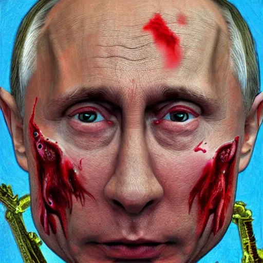 Image similar to vladimir putin became bloody ugly worm abomination, photo - realistic, color image, 2 k, highly detailed, bodyhorror, occult art