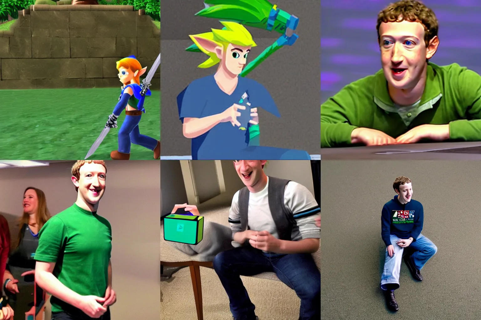 Prompt: Mark Zuckerberg playing as link from Zelda ocarina of time, style of Zelda