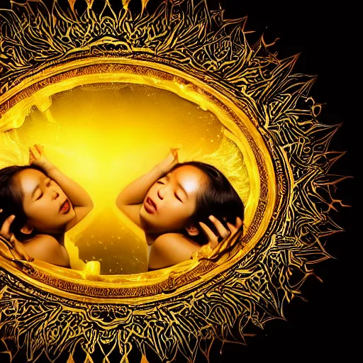 Image similar to two asian girls sleeping, liquid golden and black fluid, magic hour, dramatic light, liquid painting, golden bodypaint, yellow and blue lightning, world best photography, indian patterns, bokeh, golden jewelry filigree, body detaily, ornaments, fresco by michaelangelo, golden rays, god rays, epic cinematic wallpaper, cold color palette, cold colors, sad mood