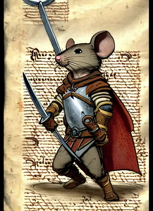 Prompt: a heroic mouse knight with sword and shield on a parchment background, redwall, greg rutowski and jean baptiste monge, detailed, epic fantasy concept art