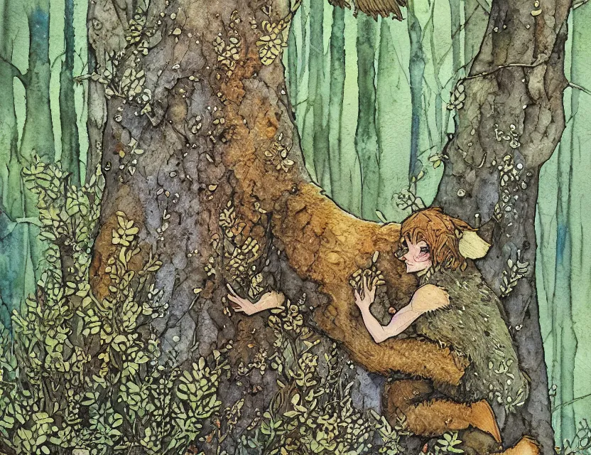 Prompt: fae bear in the lichen woods. this watercolor and gold leaf work by the award - winning comic artist has a beautiful composition and intricate details.