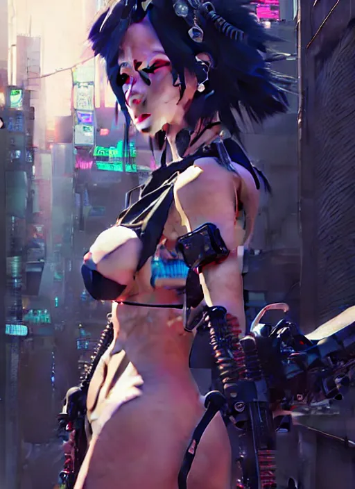 Image similar to hyper - realistic cyberpunk portrait of beautiful! anime woman standing on tokyo street, extreme detail, alluring, in style of yoji shinkawa, pan ren wei, col price, atey ghailan, by greg rutkowski, by greg tocchini, by james gilleard, by joe fenton, by kaethe butcher, grunge aesthetic