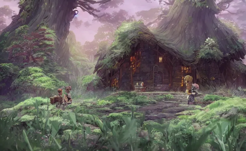 Image similar to a bounty hunter and her cat companion their woodland home in a fantasy studio ghibli animated film, d & d, fantasy concept art, global illumination, beautiful composition, volumetric lighting, octane render by studio ghibli and christopher balaskas, highly detailed