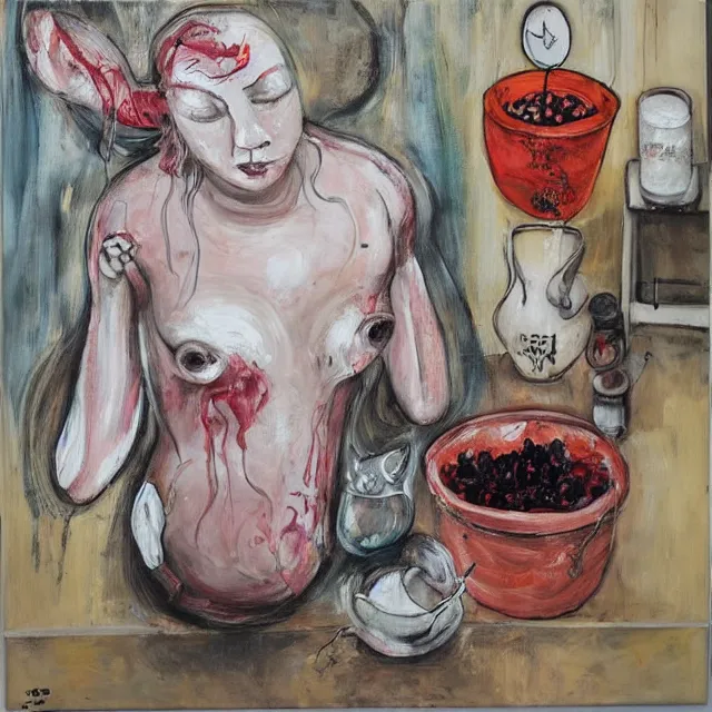 Prompt: “ a portrait in a female art student ’ s apartment, sensual, a pig theme, pork, bath, art supplies, surgical iv bag, octopus, ikebana, herbs, a candle dripping white wax, japanese pottery, squashed berries, berry juice drips, acrylic and spray paint and oilstick on canvas, surrealism, neoexpressionism ”