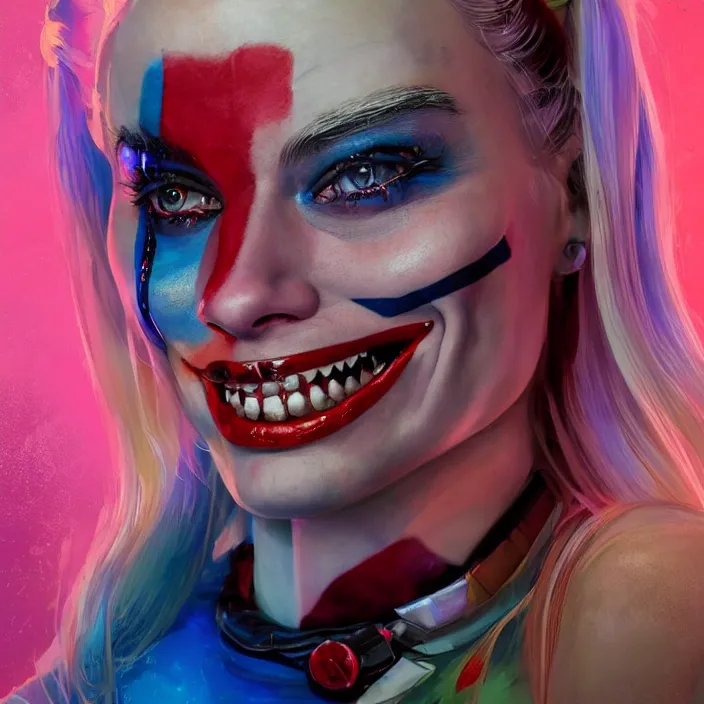 Image similar to portrait of Margot Robbie as a harley quinn. intricate abstract. intricate artwork. nightmare fuel. by Tooth Wu, wlop, beeple, dan mumford. octane render, trending on artstation, greg rutkowski very coherent symmetrical artwork. cinematic, hyper realism, high detail, octane render, 8k, iridescent accents