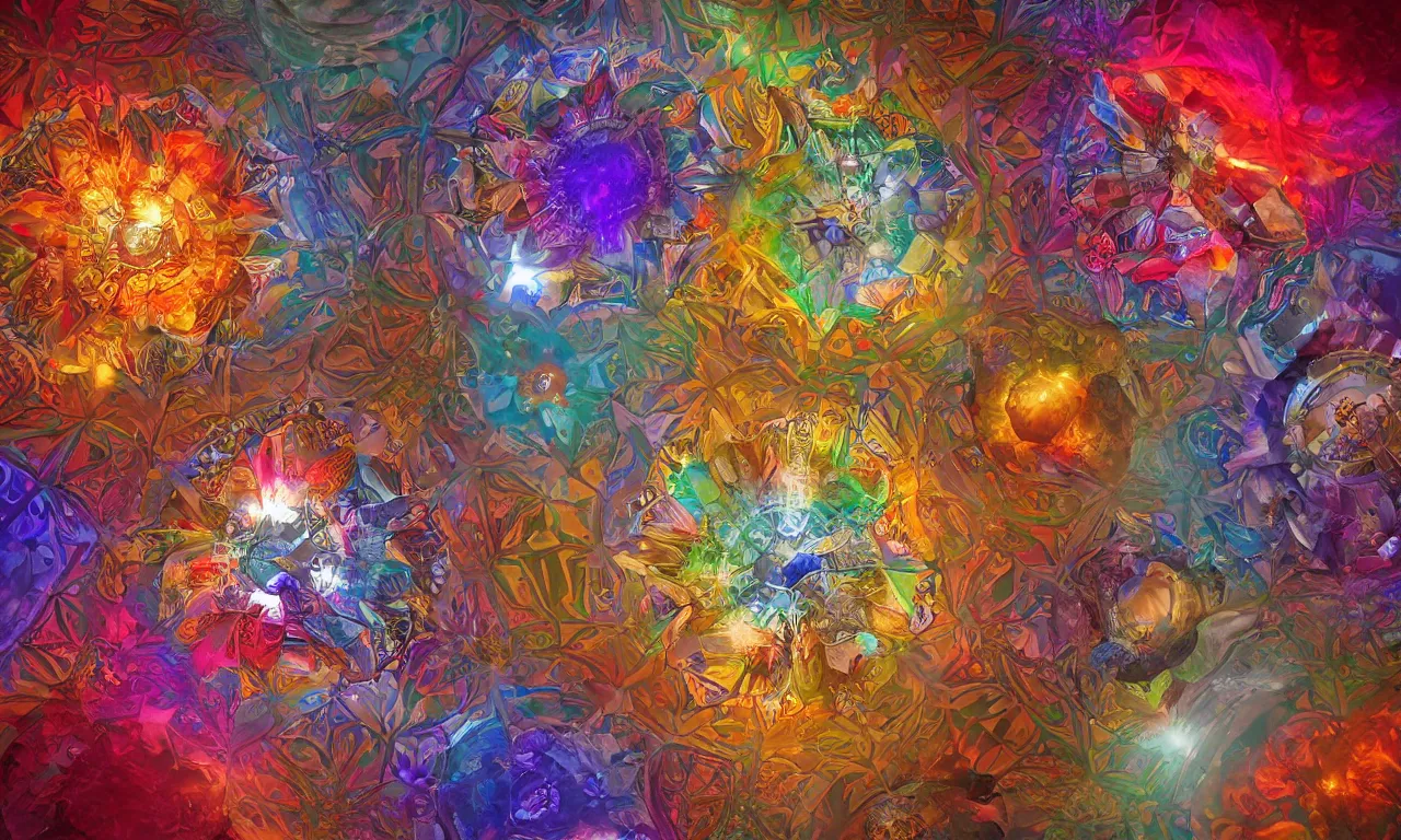 Image similar to voronoi engine laboratory 3 d volume kaleidoscope mandala fractal chakra digital multicolor stylized concept substance by artgerm, rossdraws, norman rockwell, magali villeneuve, gil elvgren, alberto vargas, earl moran, enoch bolles radiating a glowing aura global illumination ray tracing hdr