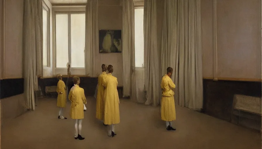 Image similar to painting by borremans, queen in a hall with mirrors on the walls, detailed, stunning