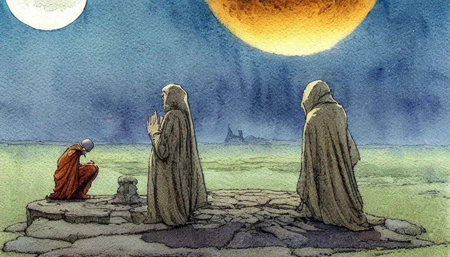 Image similar to a realistic and atmospheric watercolour fantasy concept art of a golden ufo landing in stonehenge. a giant medieval monk in grey robes on his knees praying. a sliver of moon in the sky. muted colors. by rebecca guay, michael kaluta, charles vess and jean moebius giraud