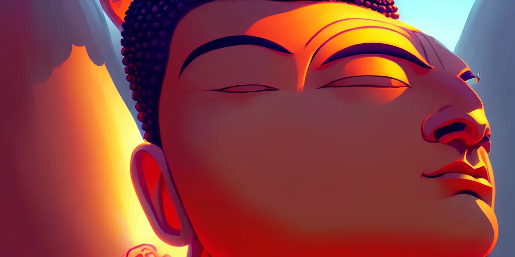 Prompt: low angle portrait of Buddha, tepainting concept Blizzard pixar maya engine on stylized background splash comics global illumination lighting artstation lois van baarle, ilya kuvshinov, rossdraws