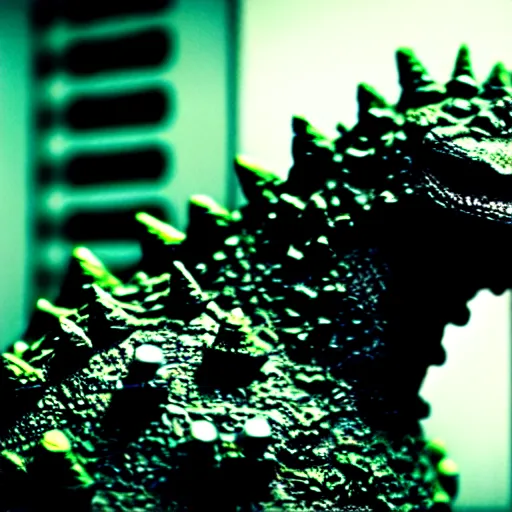 Image similar to a small godzilla running in a subway, photorealistic, macro lens, close-up